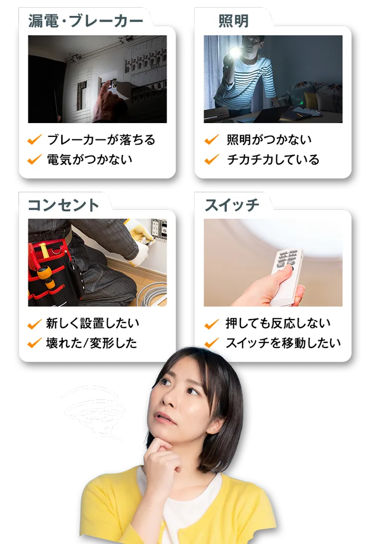 漏電・ブレーカー：・ブレーカーが落ちる・電気がつかない／照明：・照明がつかない・チカチカしている／コンセント：・新しく設置したい・壊れた/変形した／スイッチ：・押しても反応しない・スイッチを移動したい